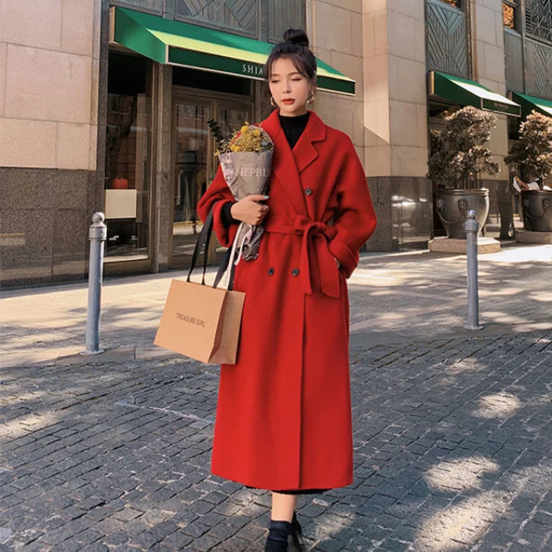 Chaqueta de lana gruesa de longitud media para mujer, a la moda abrigo de lana, color rojo, otoño e invierno, 2022