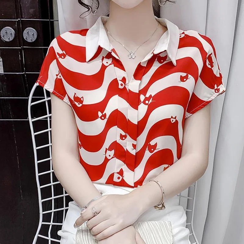 Striped Chiffon Thin Blouse Summer New Short Sleeve Polo Neck Printing All-match Youth Shirt Tops Fashion Elegant Women Clothing