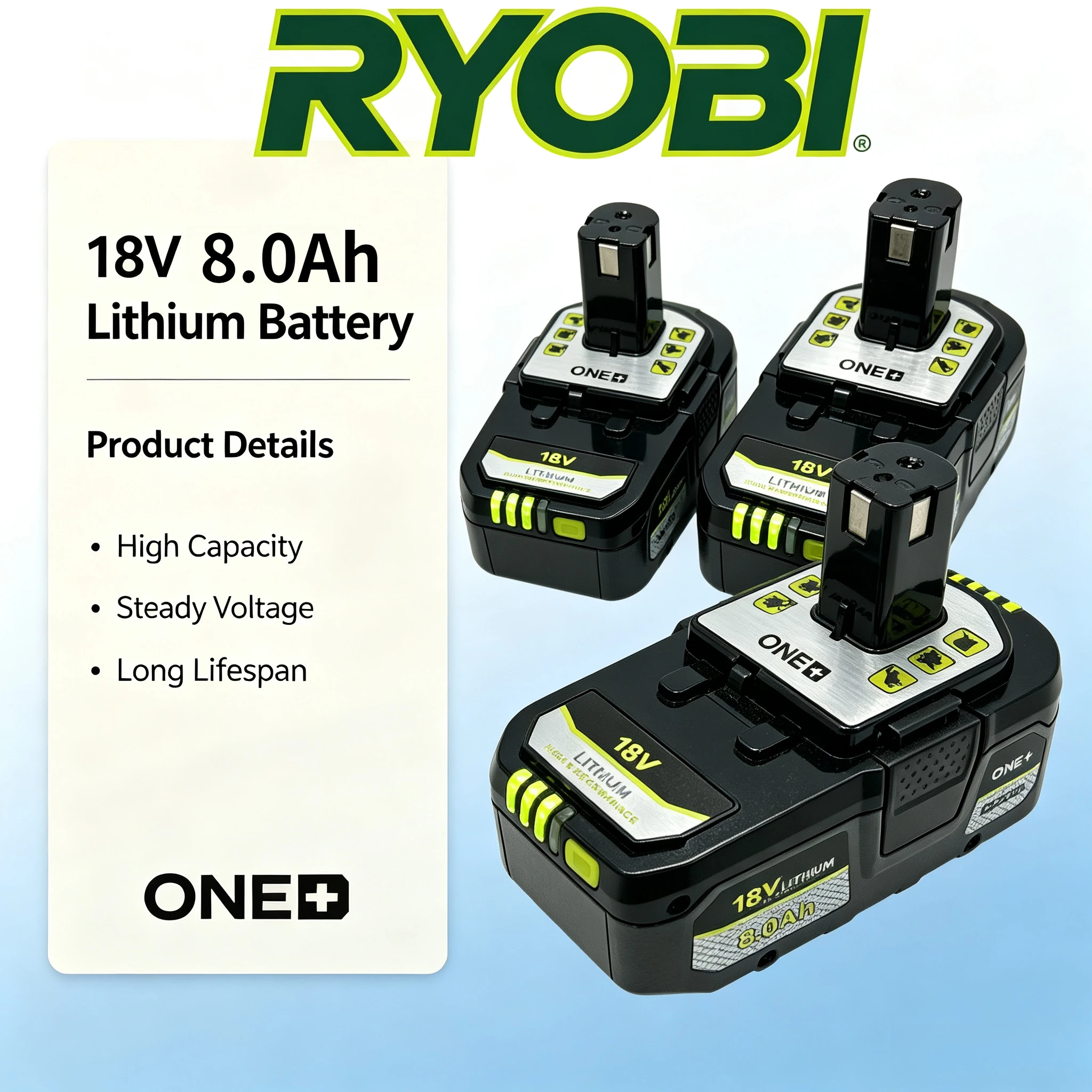 Ryobi ONE+ 18V 6.0Ah/8.0Ah Li‑ion Rechargeable Battery, Premium Replacement Fit P104 P105 P108,For Household Farm‑Yard DIY Tool
