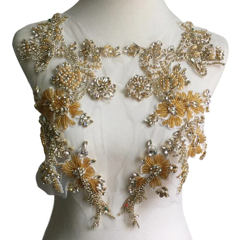 2 Pieces /1 Pair 17*37CM Hand Sewn Glass Diamond Mirror Flower Water Diamond Flower Belt Shoulder Wedding Dress DIY Patch