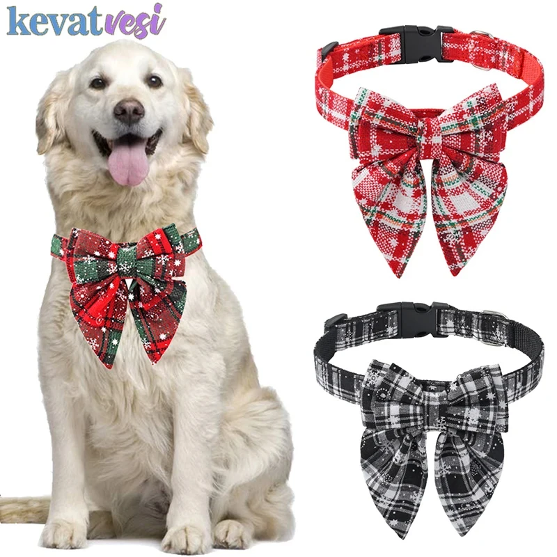 

Christmas Dog Collar Adjustable Pet Plaid Collars for Small Medium Large Dogs Christmas Dog Hat Snowflake Print Cat Necklace