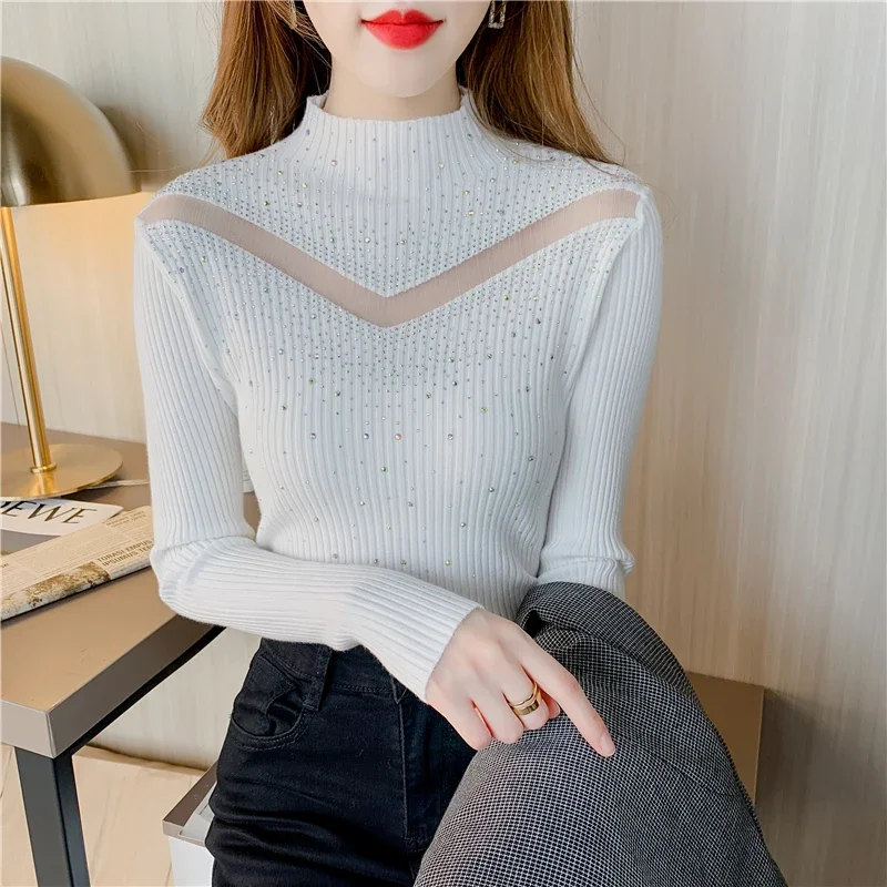 Ladies Fashion Mesh Splicing Beading Pullover Sweater Women Clothing Girls Autumn Casual Knitwear Female OL Sweaters PAH2620