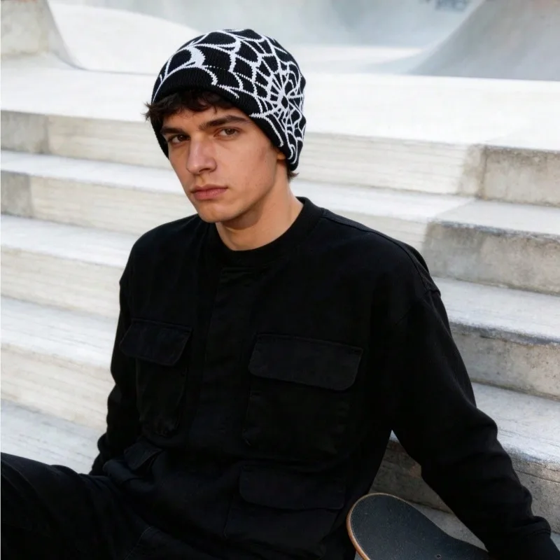 Spider Web Knit Beanie Black & White Jacquard Design Warm Cold Weather Hat for Goth Punk Y2K & Street Style