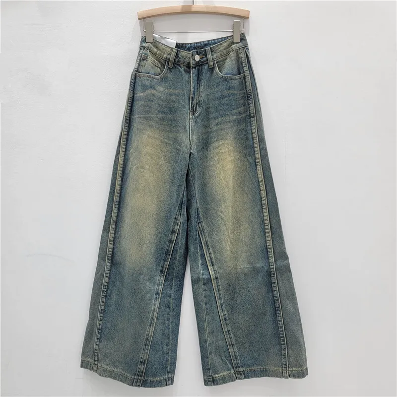 

Women Distressed Jeans Denim Solid Trousers Full Lenth High Waist Zipper Wide Leg Pants Loose Casual Y2k Streetwear 2025 Autumn