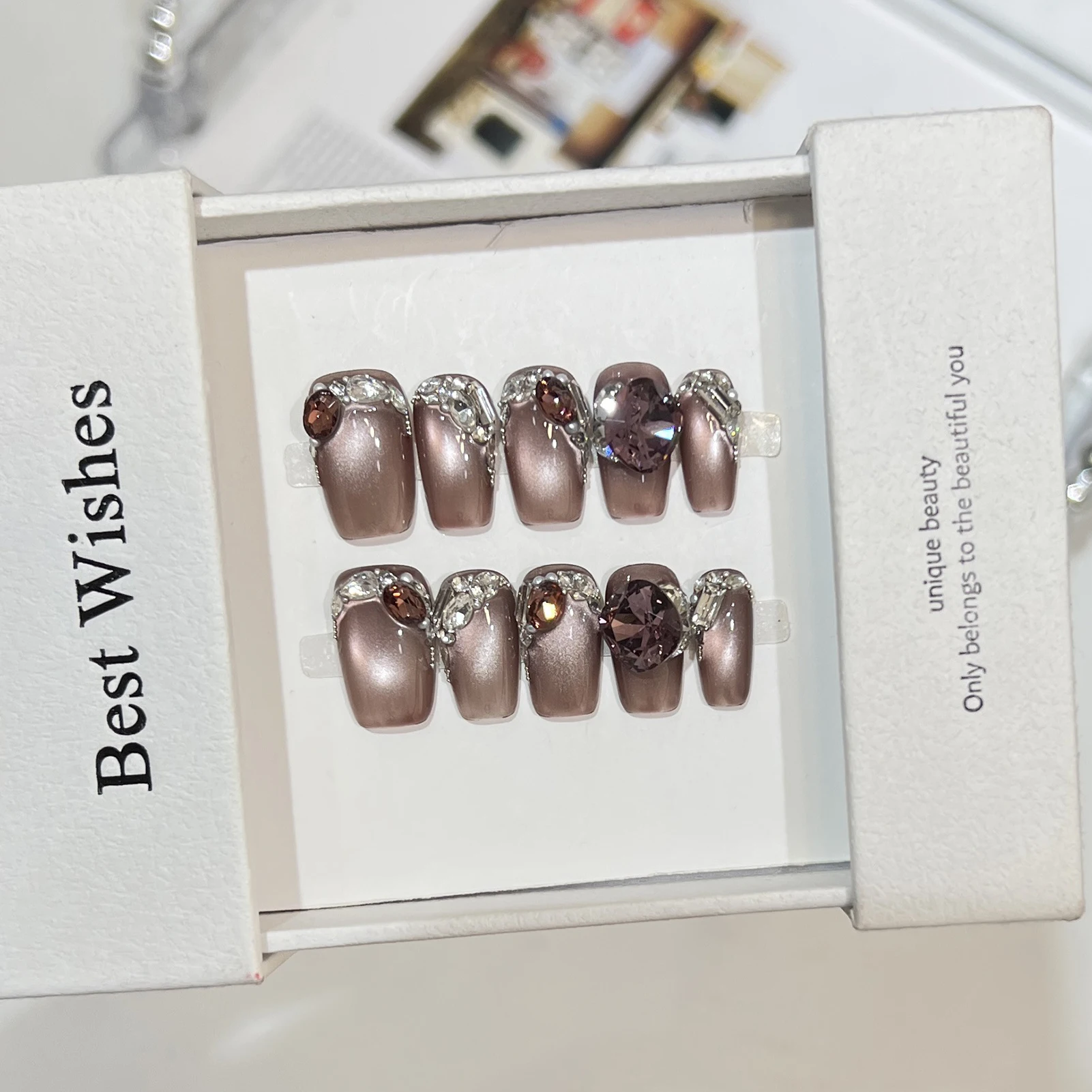 10 قطعة الكشمش الأسود القط العين الزجاج حبة الأظافر وهمية مع الزركون الراين اليدوية الصحافة على الأظافر للنساء ملابس الحفلات #3