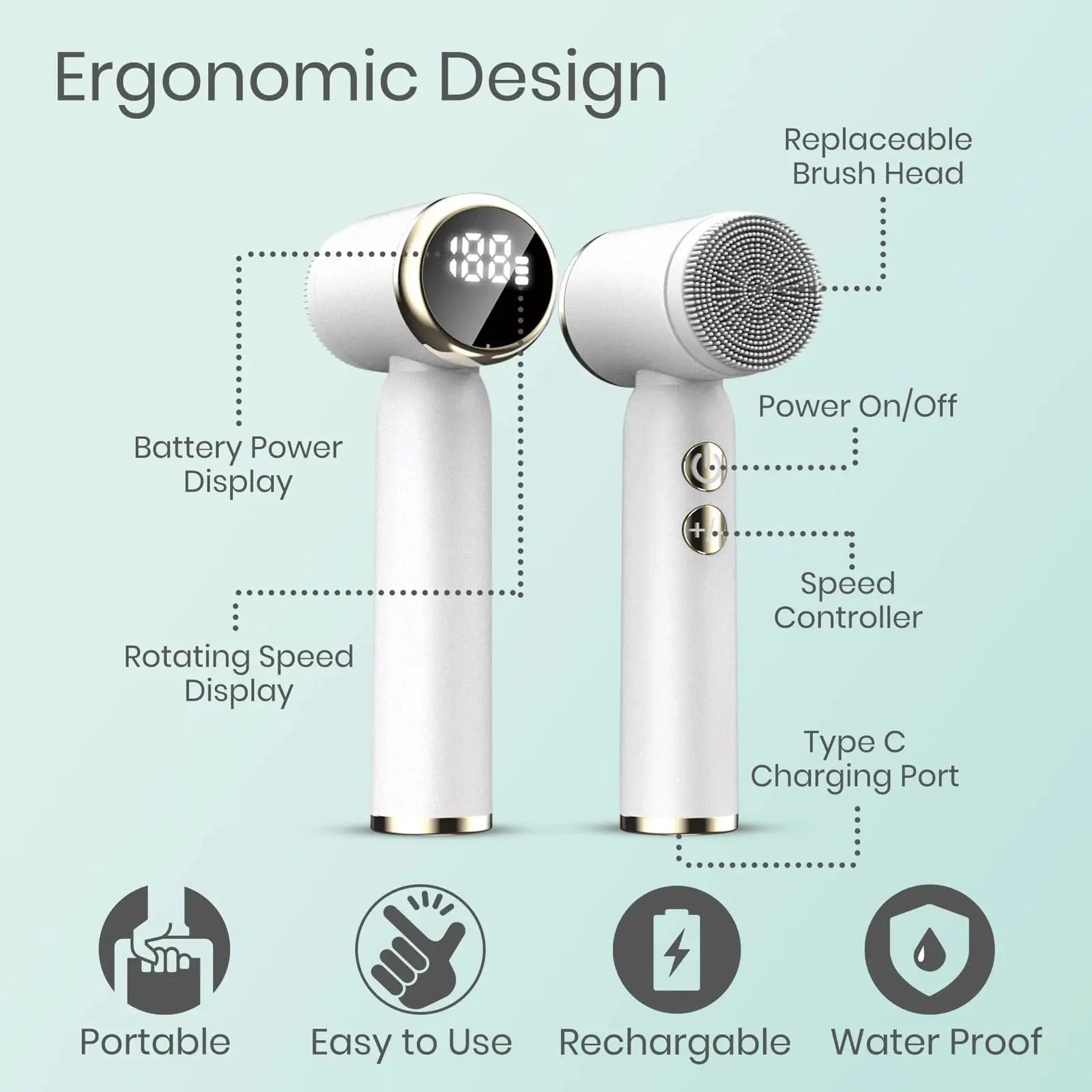 6-In-1 Rechargeable Facial Cleansing Brush, IPX6 Waterproof, 6 Heads, Adjustable Speeds for Deep Cleaning & Skin Exfoliation - view 5