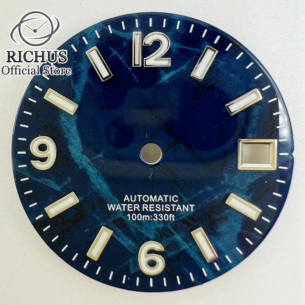 RICHUS 29mm NH35 esfera del reloj verde luminoso negro azul verde cara ajuste NH35 movimiento ajuste 3 en punto corona 3,8 en punto corona