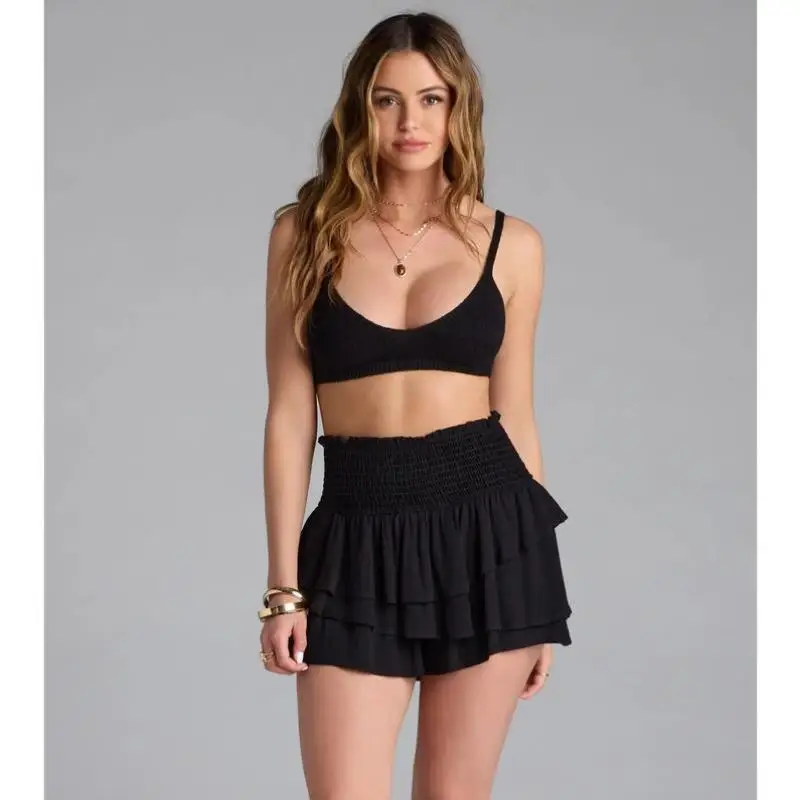 Cute Ruffled Smoed orts Cross-Border Mid-Low Waist Umbrella Pants PVC Material Other Material 00% Women's Casual Pants