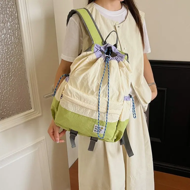 Spring Summer Lightweight Travel Shopping Double Shoulder Bag Nylon Fabric  Color Collision Backpack for Teenagers