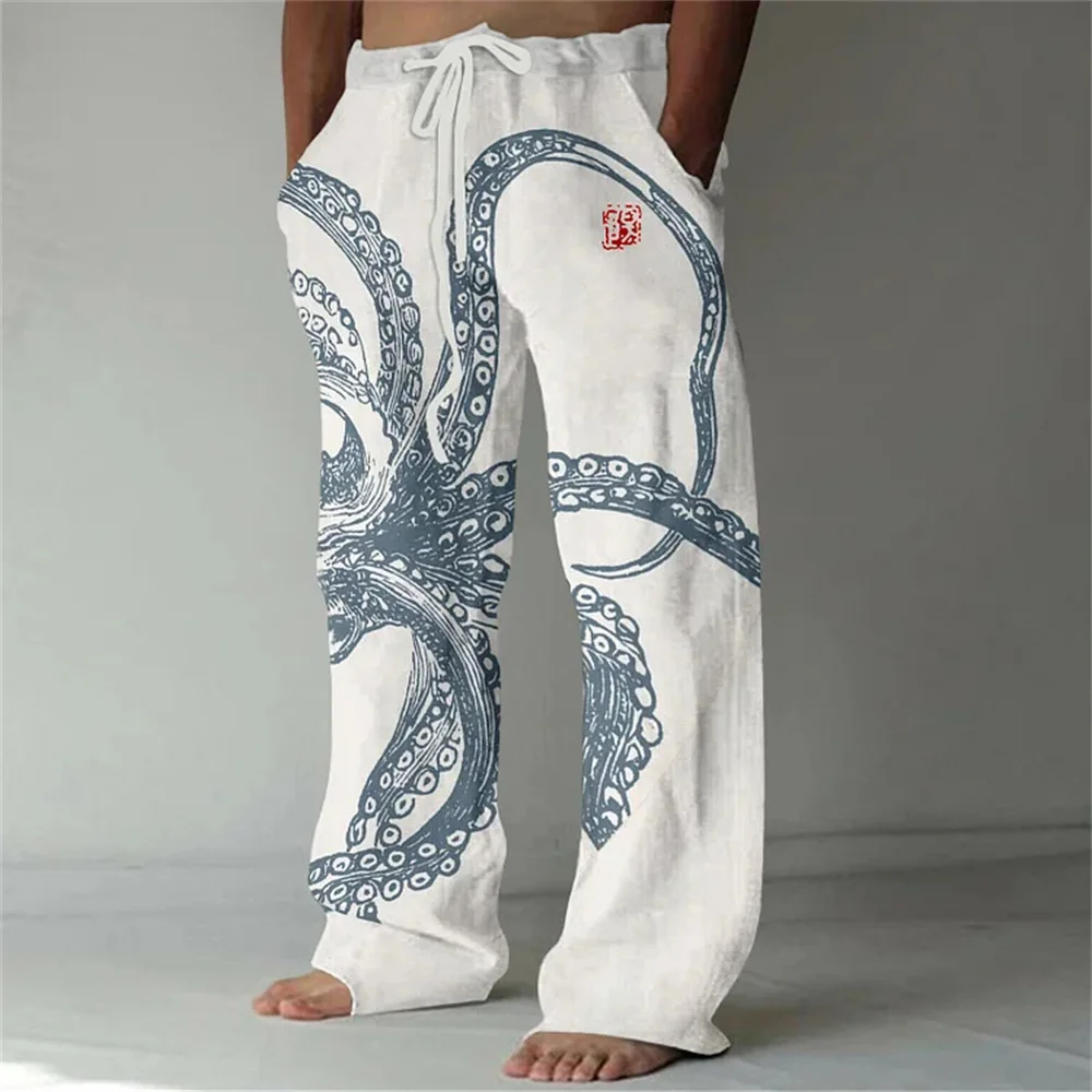 Artistic style pattern octopus print men's handsome casual pants, daily straight leg pants, loose and comfortable pants