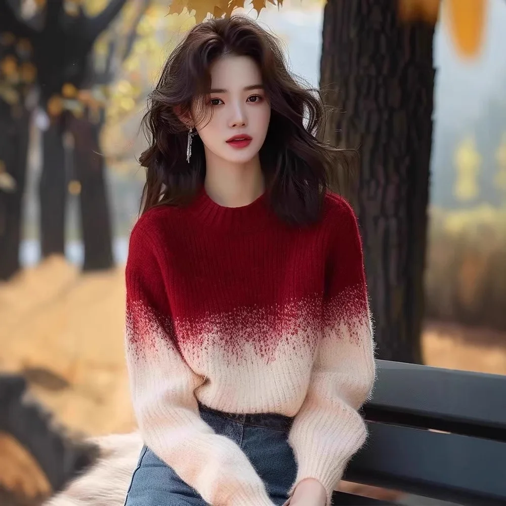 BOWEYLUN Ankora красный абрикосовый градиентный свитер с круглым вырезом женский зимний повседневный вязаный свитер пуловер топ женский