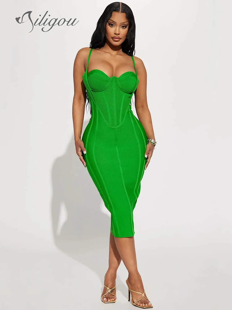 Ailigou-vestido Midi ajustado sin mangas para mujer, traje Sexy con cuello en V, color verde, elegante, para fiesta de celebridades, 2023