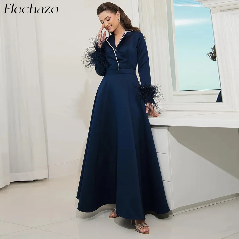 

Flechazo Navy Blue Prom Dresses V Neck Full Sleeves Feathers Beading Party Occasion Dress For Women 2024 vestidos de fiesta