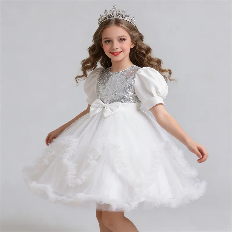 Girls Sequin Bow Tulle Dresses Kids Puff-Sleeve Princess Mesh Gown Children Piano Recital Evening Vestidos Girl Fashion Clothing