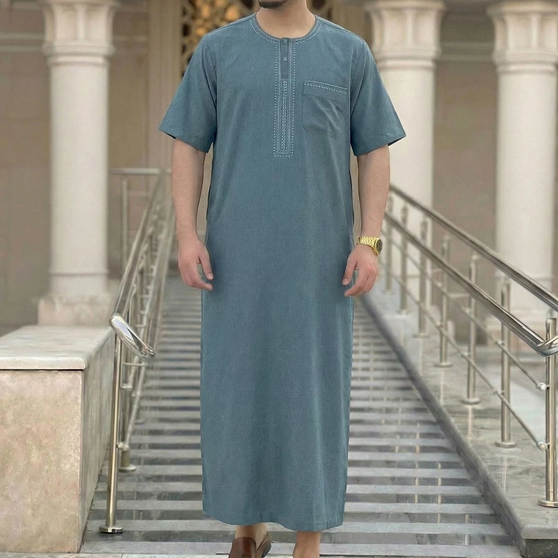Muslim Men Short Sleeve Jubba Thobe Morocco Vintage Islamic Kaftan Embroidered Viscose Blend Prayer Djellaba Tunic Man Abaya