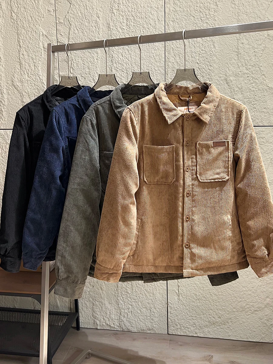 

Thickened Cotton Jacket for Men Autumn Winter Warm Corduroy Quilted Coat Inner Polyester Youth Style Standard Fit Long Sleeve
