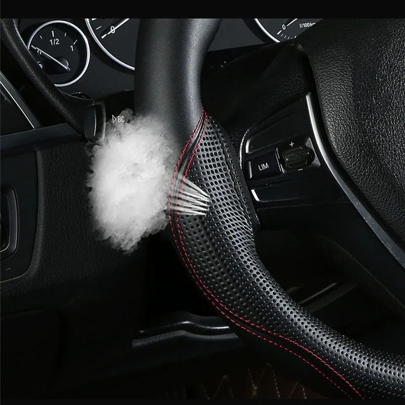 38cm Top Genuine Leather Car Steering Wheel Braid Cover Breathable Design Anti-Slip Embossing Car-styling With Needles Thread