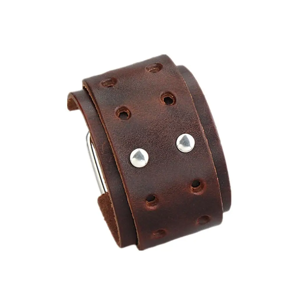 Men Cowboy Alloy Double Buckles Wide Adjustable Punk Large Leather Bracelet Cuff Bangle