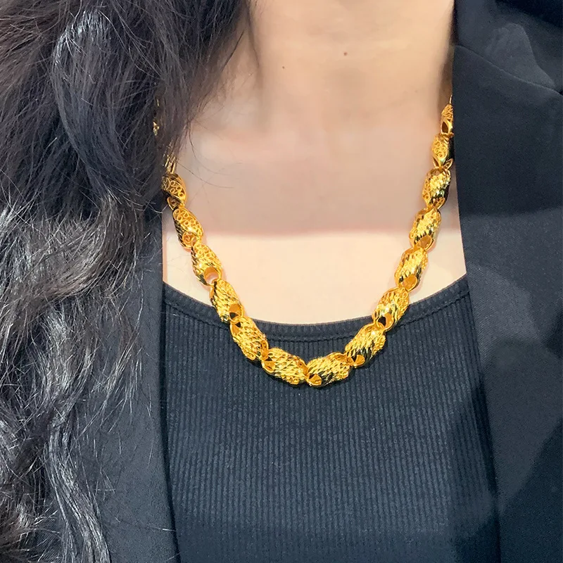 

Новинка 2025 года, 24-каратное настоящее золото с полым узором, пшеничное ожерелье 9999, позолоченное модное ожерелье в национальном тренде для мужчин