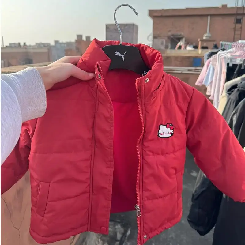 Hot Hello Kitty Kids Cartoon Katoenen Jas Sanrio Meisje Kawaii Leisure Outdoor Jas Met Capuchon Winddicht Dikker Winterkleding Nieuw