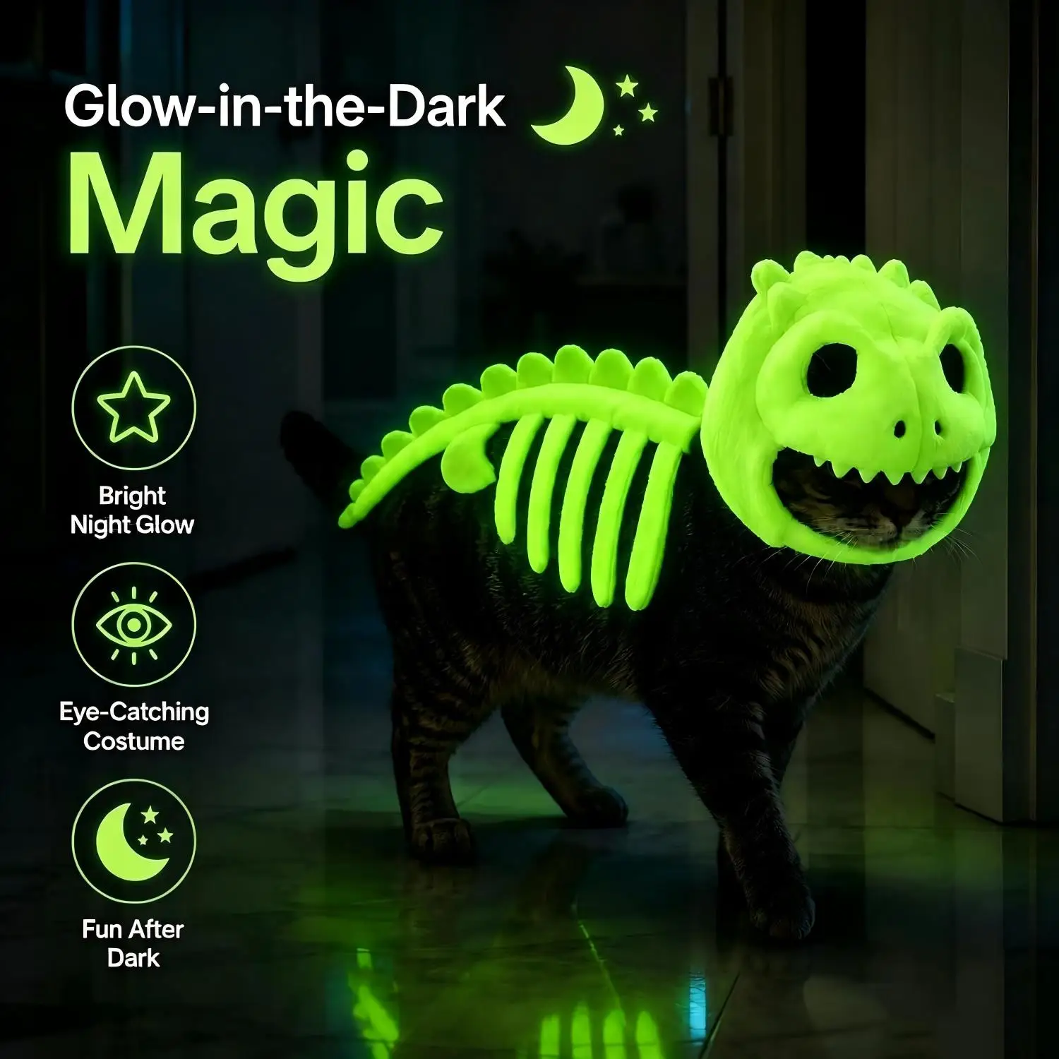 Halloween-Leuchtkostüm für Haustiere, Dinosaurier-Skelett, Plüsch-Kapuzenkostüm, Cosplay-Verkleidung für kleine Hunde und Kätzchen, Partydekoration – Detail 5