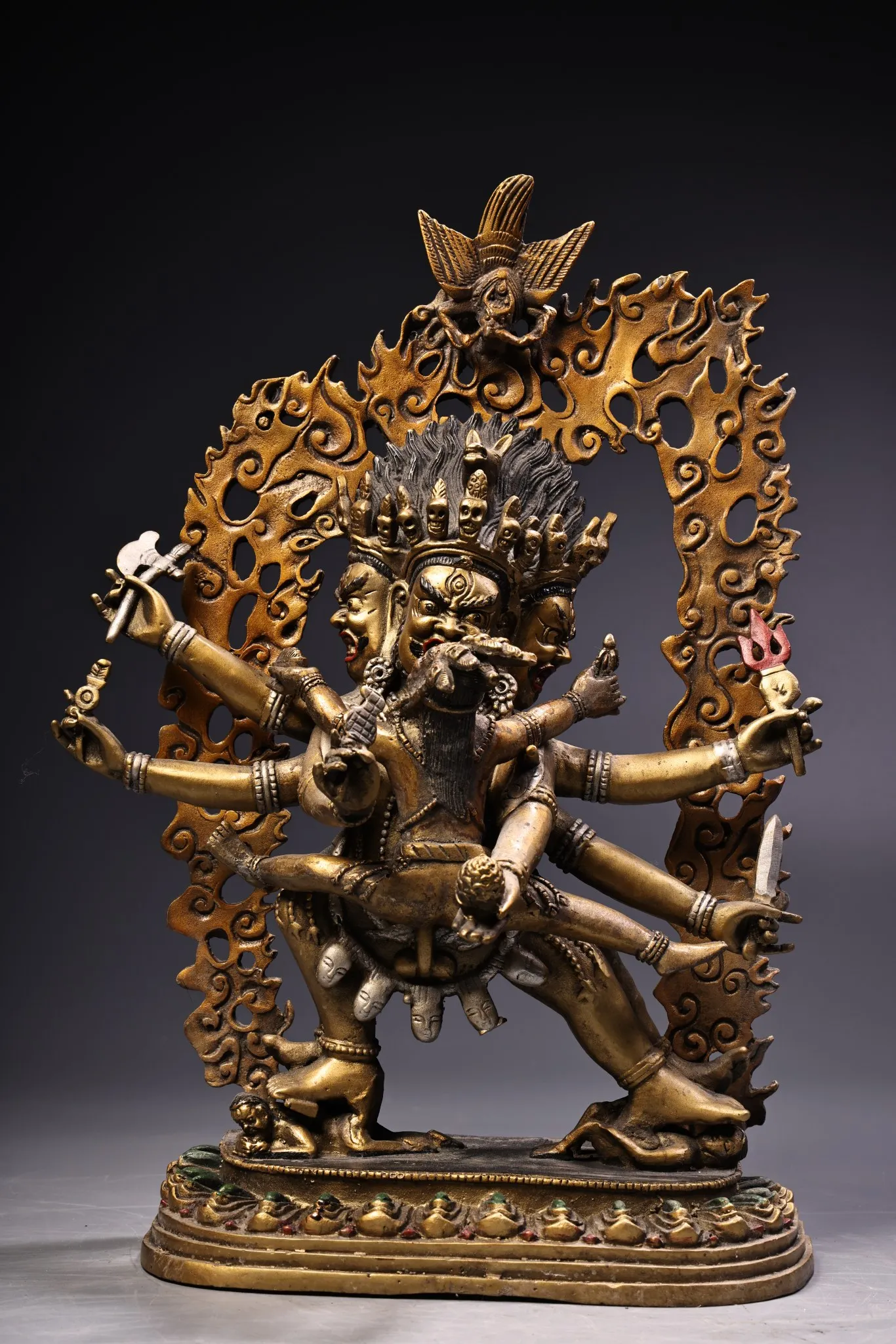 

12"Tibetan Temple Collection Old Bronze Painted High Relief Hayagriva Buddha Backlight Yab Yum Buddha Worship Hall Town house