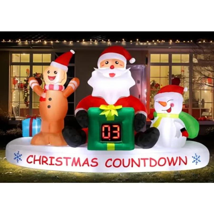 

Outdoor inflatable Christmas decoration, PVC material, white and red, 8 FT tall with LED countdown clock, snowman, Santa, and g