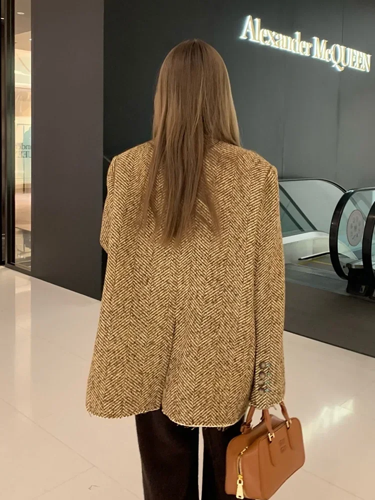 Street Fashion Woolen Coat Women Elegant Thick Brown Wool Blazer Jacket 2024 Autumn Winter Office Lady Outwear Female tweed coat