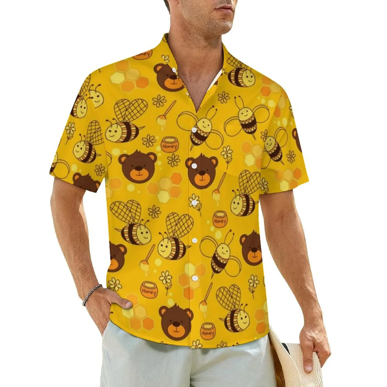 

Cartoon Bees Print Casual Shirt Cute Funny Bears Elegant Hawaiian Shirts Mens Short Sleeve Beach Street Style Oversize Blouses