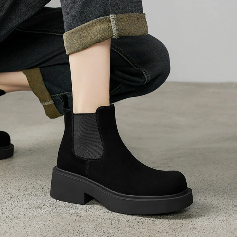 NEW Autumn Women Boots Sheep Suede Leather Shoes for Women Round Toe Chunky Heel Shoes Slip-on Ankle Boots Black Platform Shoes