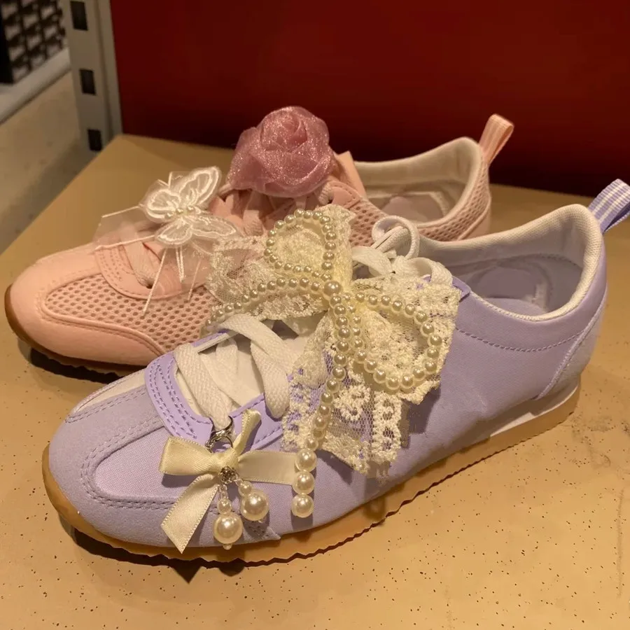 Sakura Fabric Flower Shoelace Charms Beaded Pendant Pearl Bow Cherry Heart Shoe Decor DIY Fashion Casual GAT Shoes Accessories
