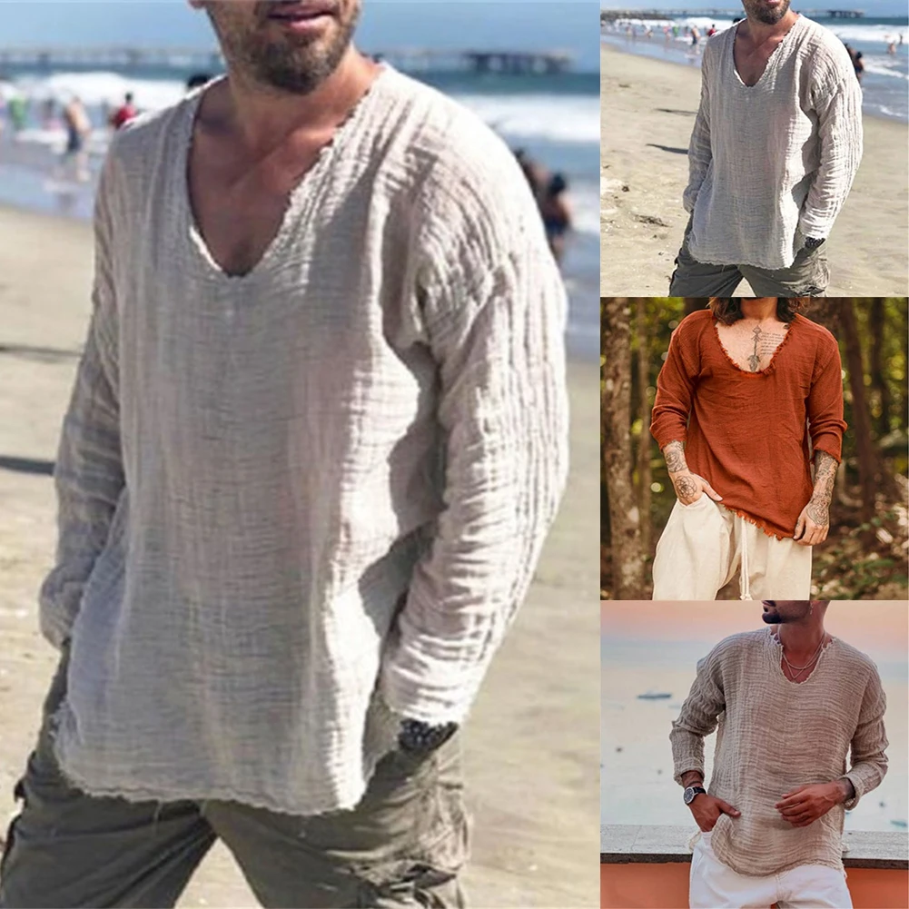 T-Shirt Mens Shirt Blouse Top Classic Daily Linen Blend Long Sleeve Male Muscle Office Outdoor Solid Tee V-Neck