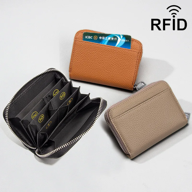 Genuine Leather Women RFID Blocking Card Holder Japanese Wallet Multi-Slot Card Organizer Divided Compartment Zipper Coin Purse