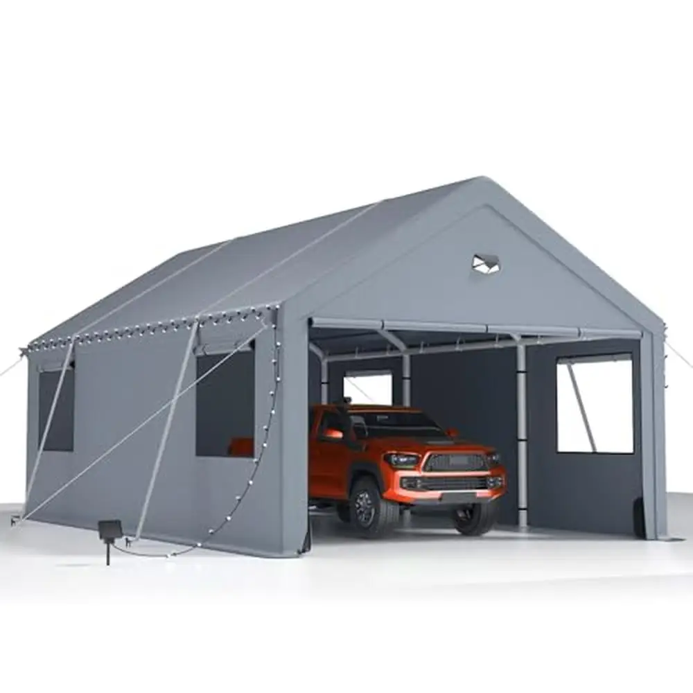 Heavy Duty Carport Canopy 12x20ft Portable Car Tent Garage with Roll-up Windows All-Season Tarp Cover Rolling Windows Sandbags