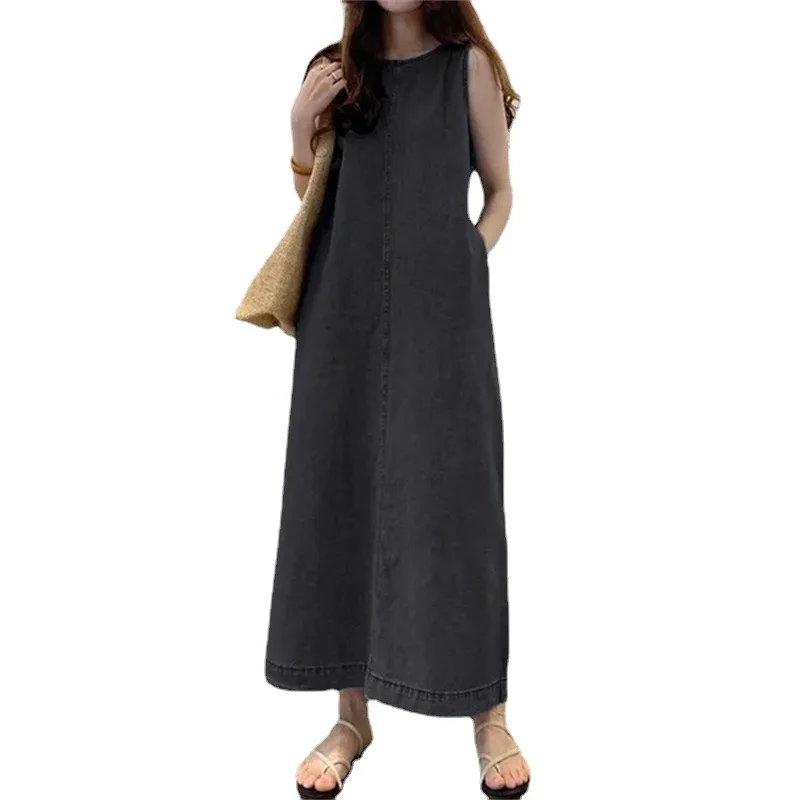 New Simple Denim Dress Women Vintage Sleeveless O Neck Wide Hem Loose Dress Holiday Street Casual Female Dresses Vestidos