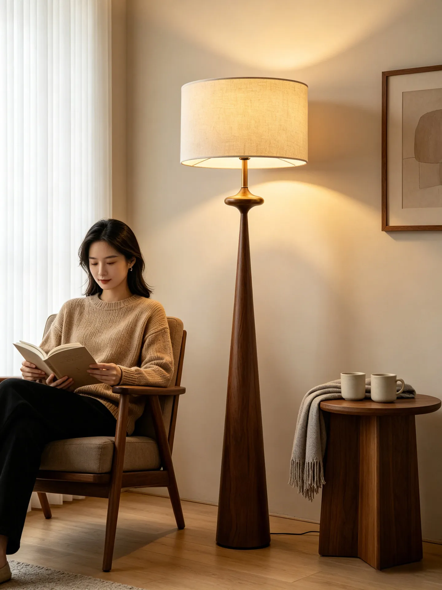 Middle Aged Walnut Floor Lamp Bedroom Bedside Lamp Living Room Sofa Side Lamp Decoration Apartment LED Lighting Fabric Lampshade