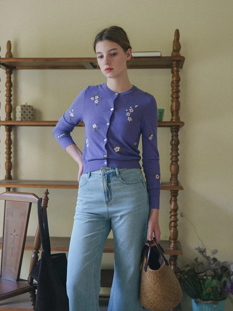 

Ультратонкий вязаный кардиган с вышивкой цветами, белый, с защитой от солнца, стандартный крой, лето 2025