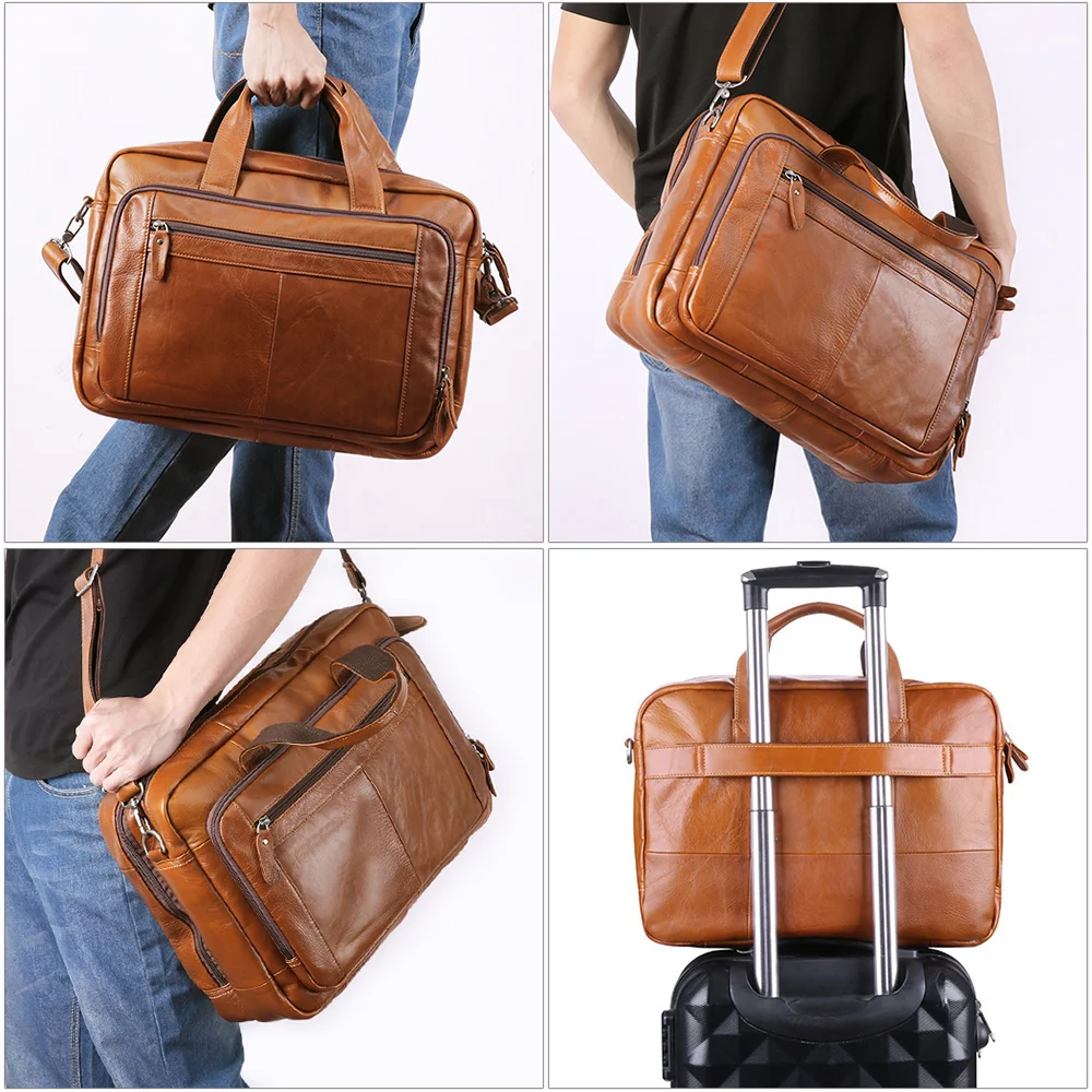 Malas de couro genuíno dos homens, 15,6 ", 17" Laptop Bag, grande capacidade, mensageiro do negócio, bolsa de ombro do escritório