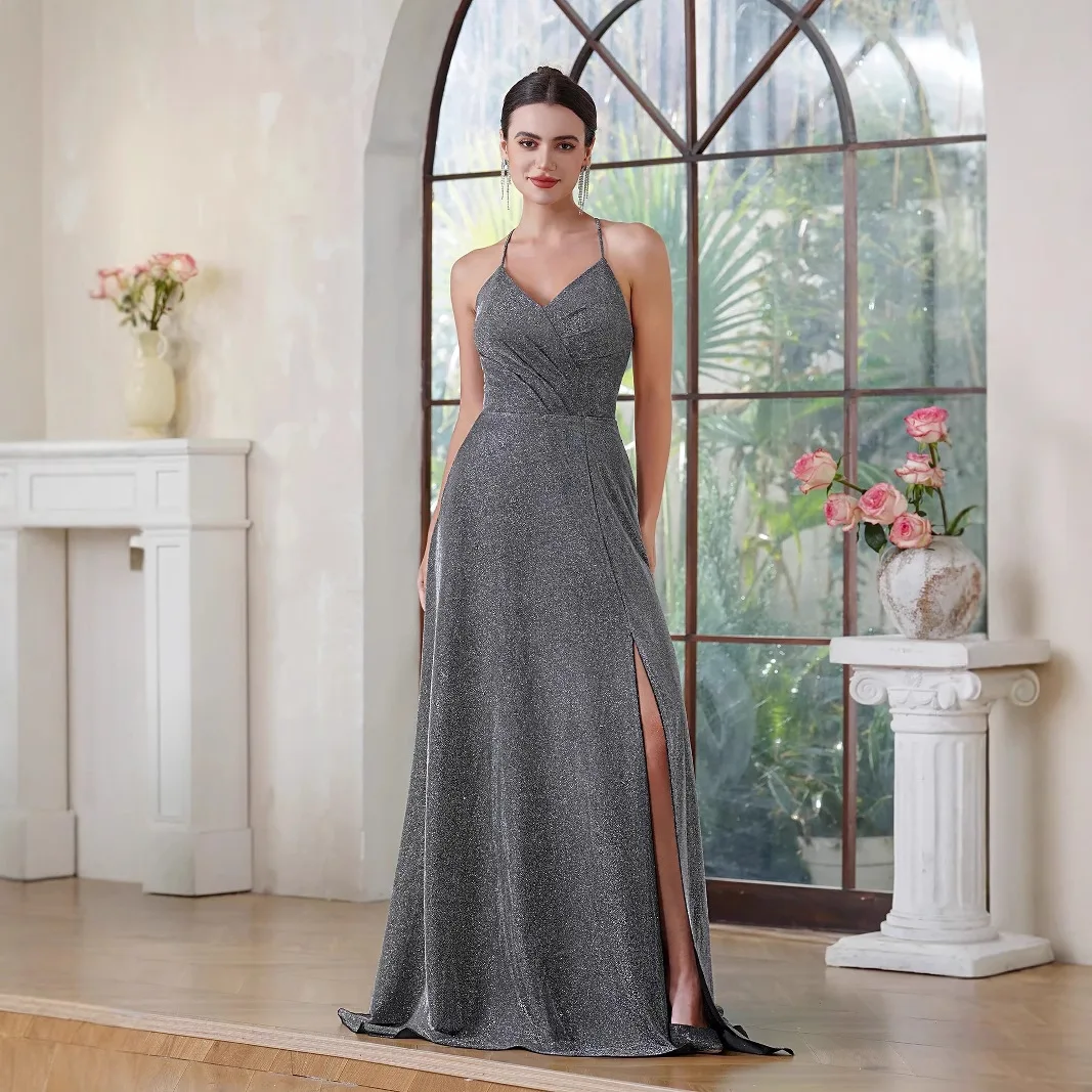 

A-Line Sleeveless V-neck with a Padded Bust Spaghetti Strap Shiny Evening Dresses Front Slit Floor-length Gown for Formal Party