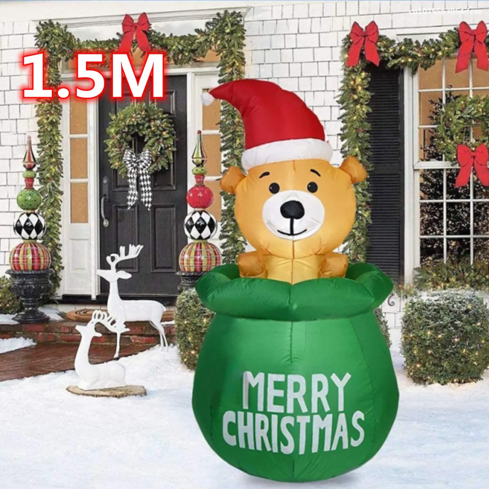 1.5M Christmas Decoration Inflatables Pocket Cute Bear Built-in LED Light for Xmas Party Indoor Outdoor Courtyard Props Ornament