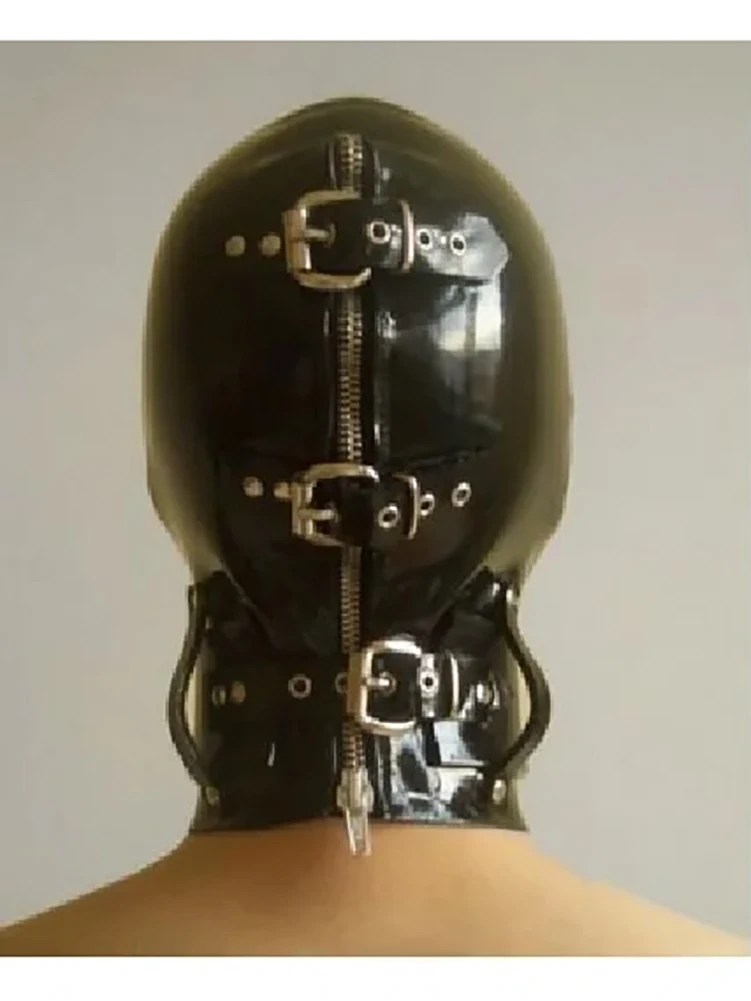 Latex Mask Bondage Dood Cover by Snap and Neck Band Hats back zipper strings extra thickness mouth plug Gags Head Belt