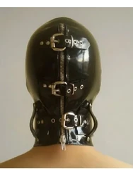 Latex  Mask Bondage Dood Cover by Snap and Neck Band Hats back zipper strings extra thickness mouth plug Gags Head Belt