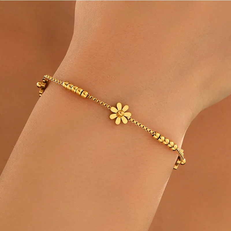 

Sweet Daisy Flower Beads Charms Chains Bracelets Women Gold Color Adjust Wrap Box Chain&Link Bracelet Jewelry Gifts Daily Wear