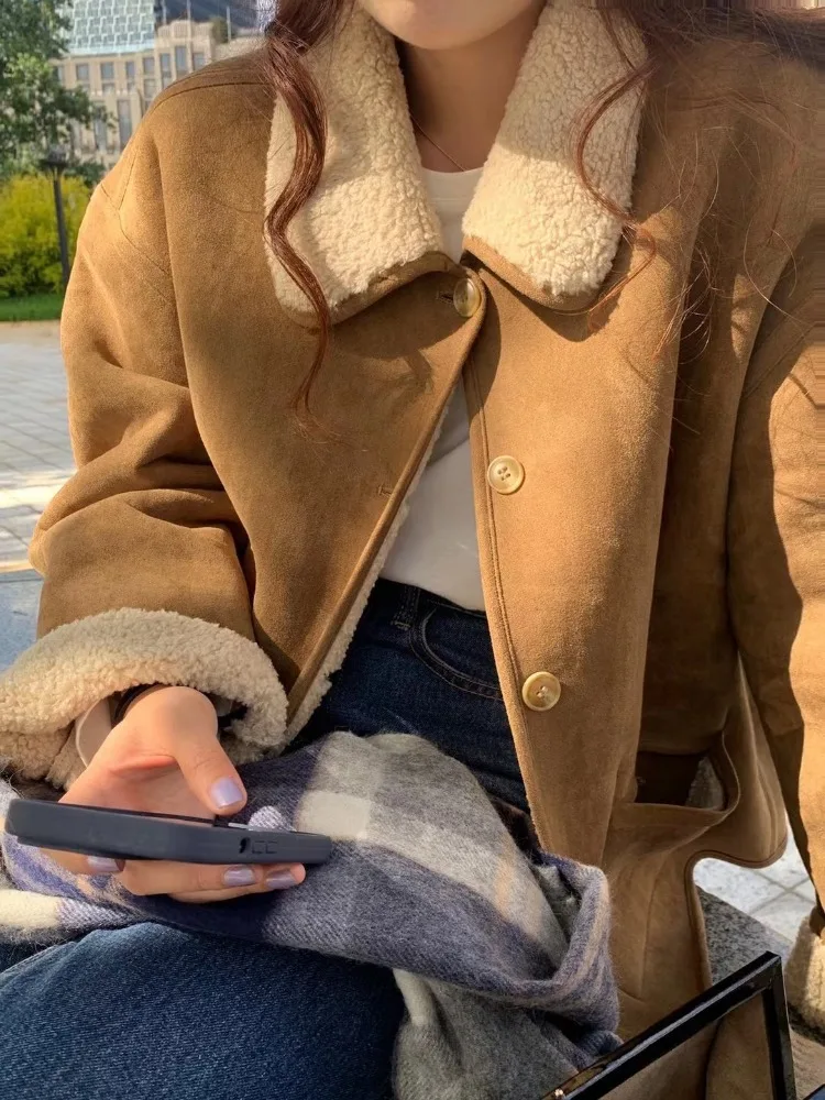 동대문 양면 착용 양털 자켓 칼라 더블 키티 따뜻한 인조 사슴 가죽 벨벳 탑 여성용 아우터웨어