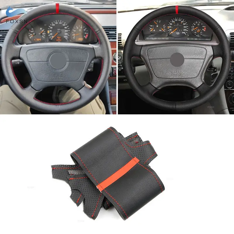 

For Mercedes Benz C CL Class W202 W140 C140 1993-1999 E-Class W210 1996-1999 W124 Car Steering Wheel Cover Leather Trim red bar