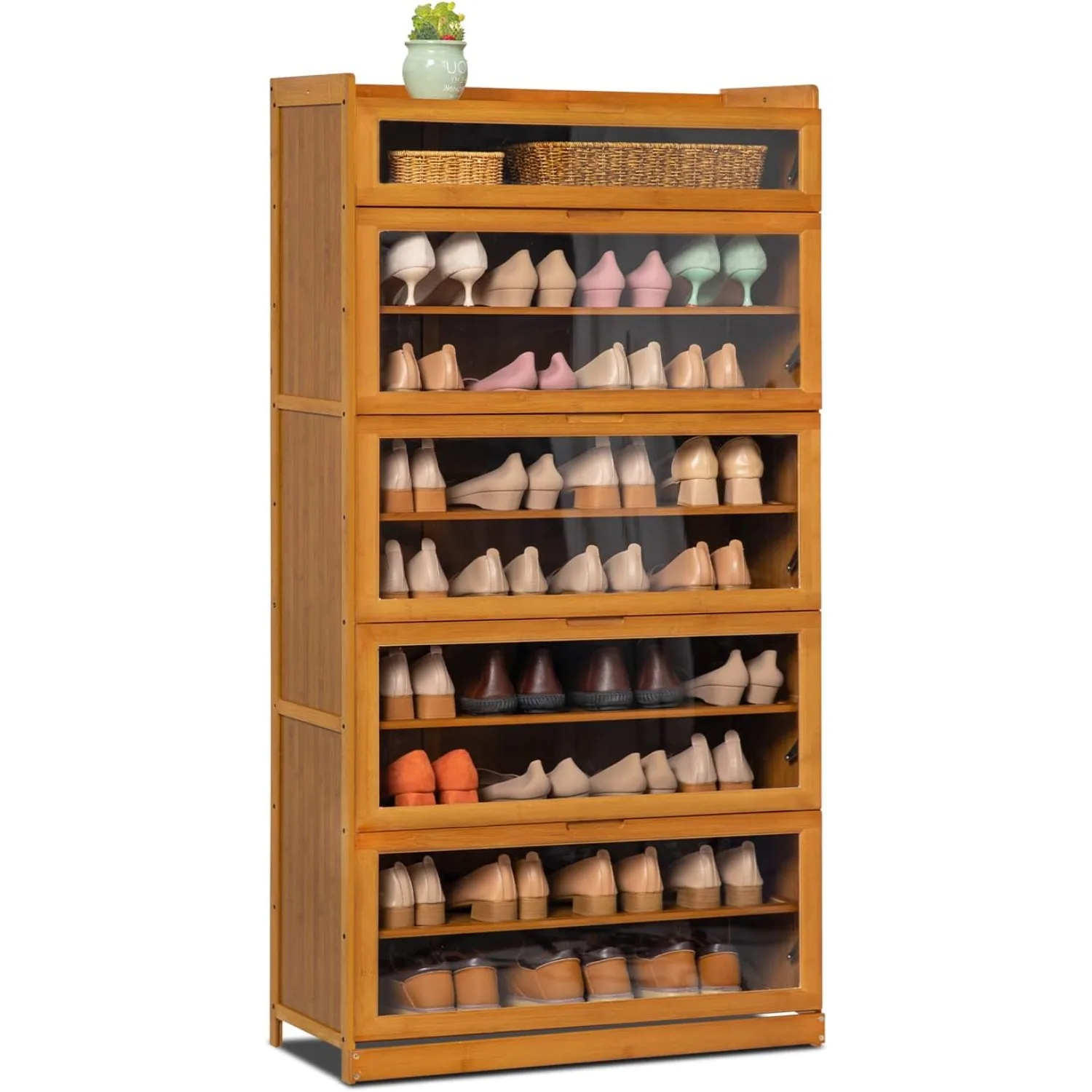 

MoNiBloom Large Shoe Storage Cabinet with Acrylic Doors 9 Tier Bamboo Free Standing Narrow Shoes Rack for 41-45 Pairs Entryway