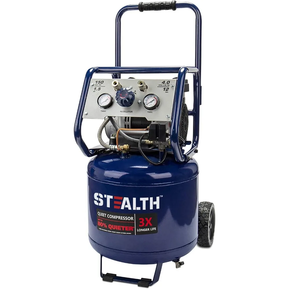 

Ultra Quiet 12 Gallon Air Compressor, 1.5 HP Oil-Free, Peak 150 PSI, 68 Decibels, 5 CFM at 40 PSI, 4 CFM at 90 PSI, Silent Porta