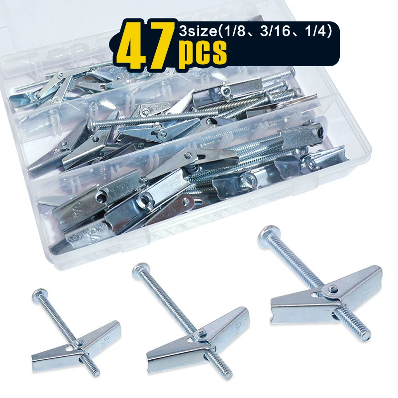 47 pcs, Toggle Bolts, Wall Anchor, 1/4, 3/16, 1/8