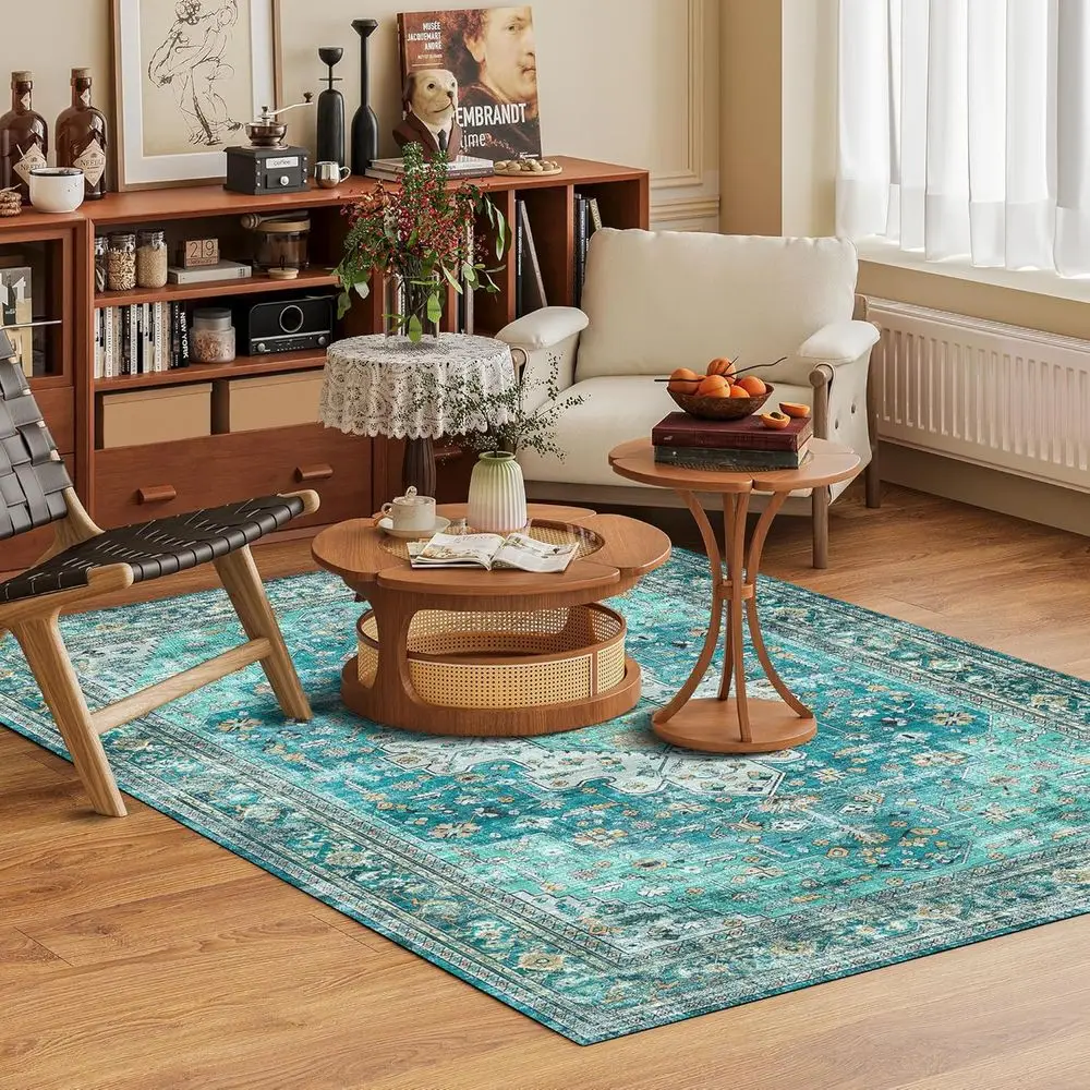 8x10' Persian-Style Washable Area Rug - Non-Slip, Durable, Teal & Gold for Home Decor