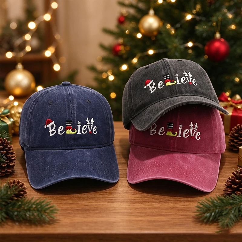 Christmas Embroidered Baseball Cap Vintage Washed Cotton Dad Hat Adjustable Holiday Santa Hat for Men Women Xmas Party Accessory